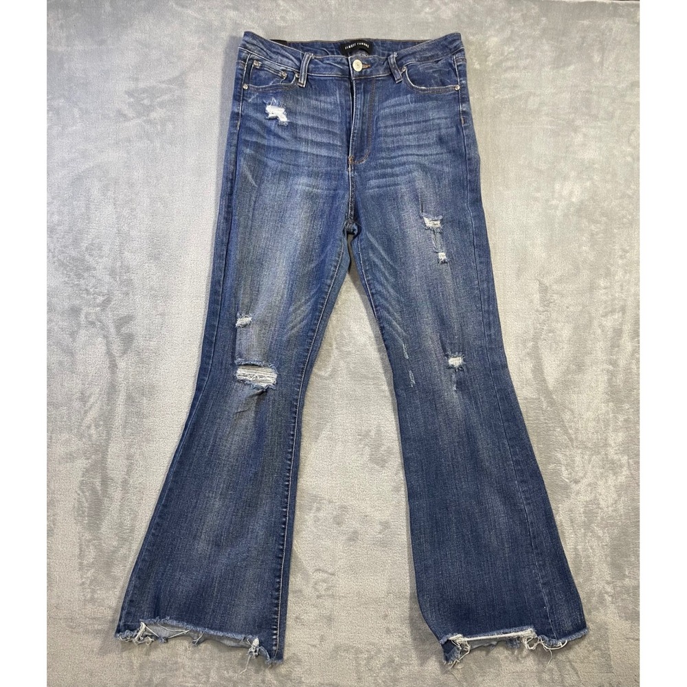 Almost Famous Women Flare Jeans Size 11 Blue Distressed Raw Hem